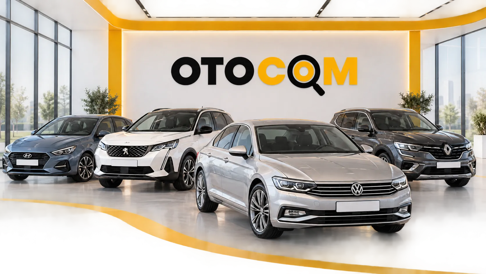 OTOCOM showroomunda Hyundai, Peugeot, Volkswagen ve Renault araçlar